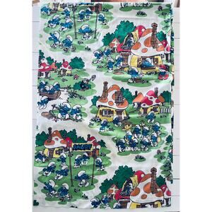 Vintage Smurfs Village Print Flat Bed Sheet (1983) - Twin Size